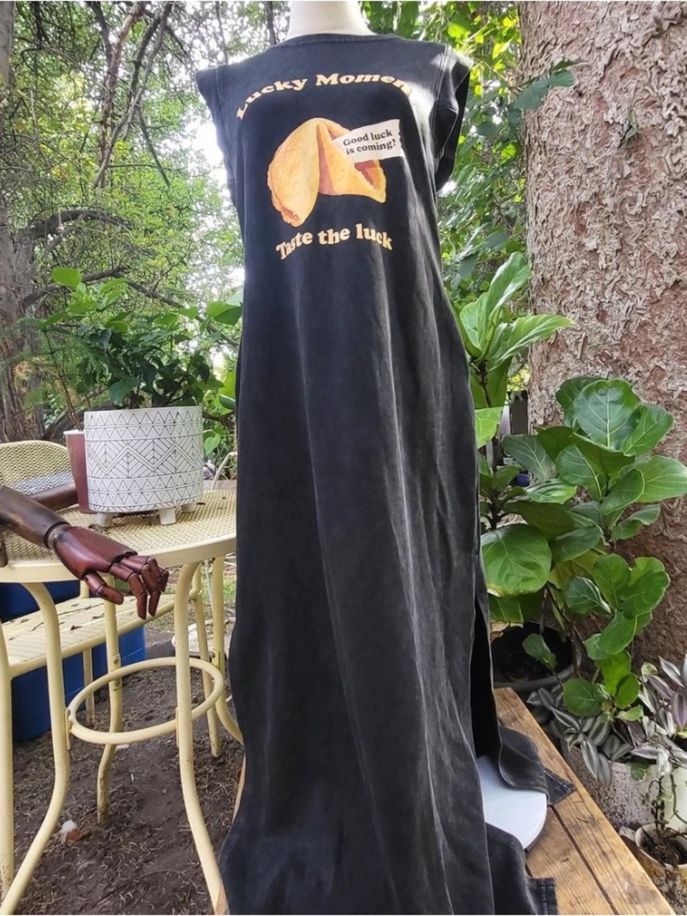 Grecerelle "Lucky Moment" Fortune Cookie Graphic Maxi Dress - M